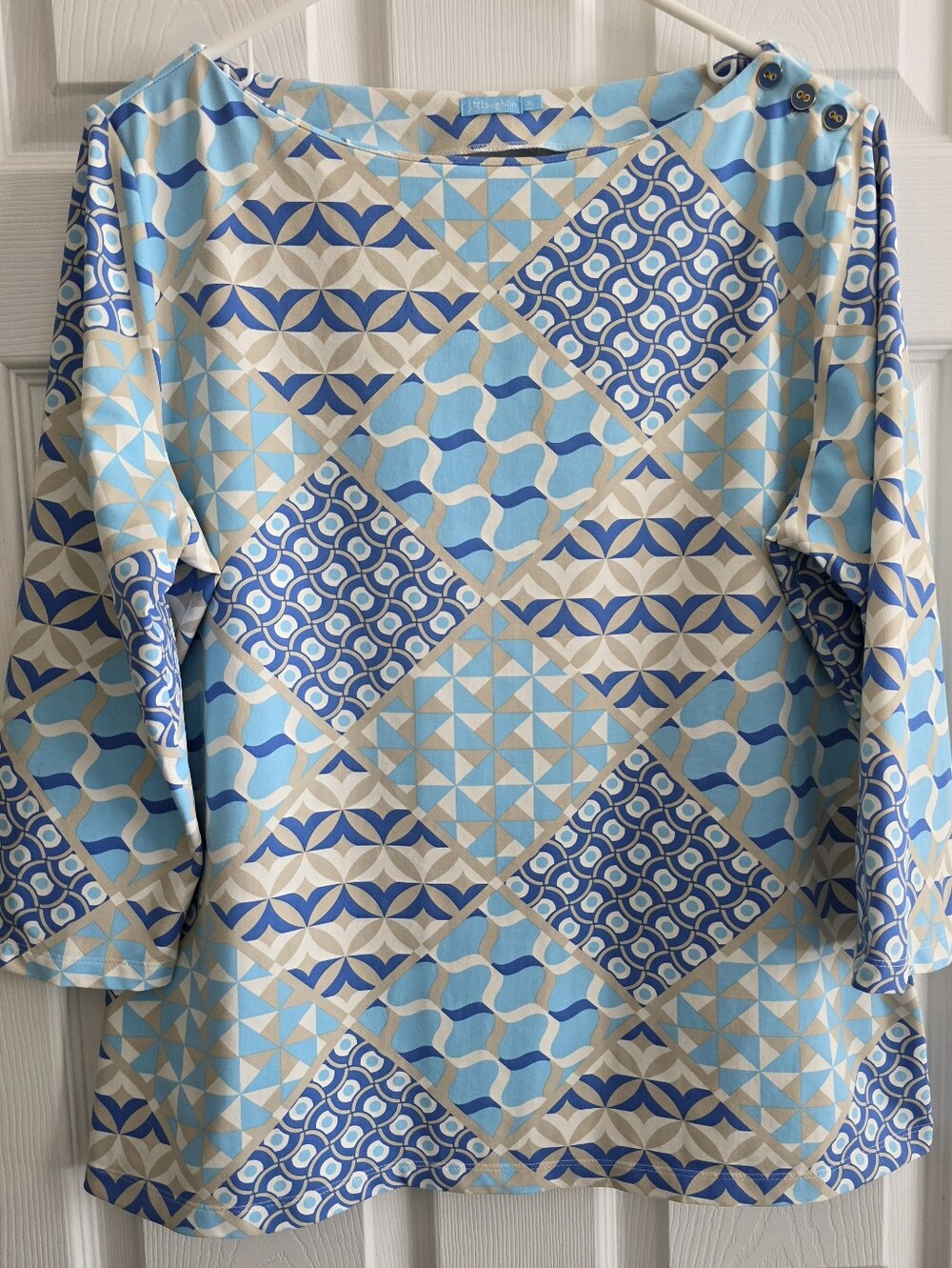 J Mc Laughlin XL Top Blue Beige 3/4 Sleeve Catalina Cloth Nauical